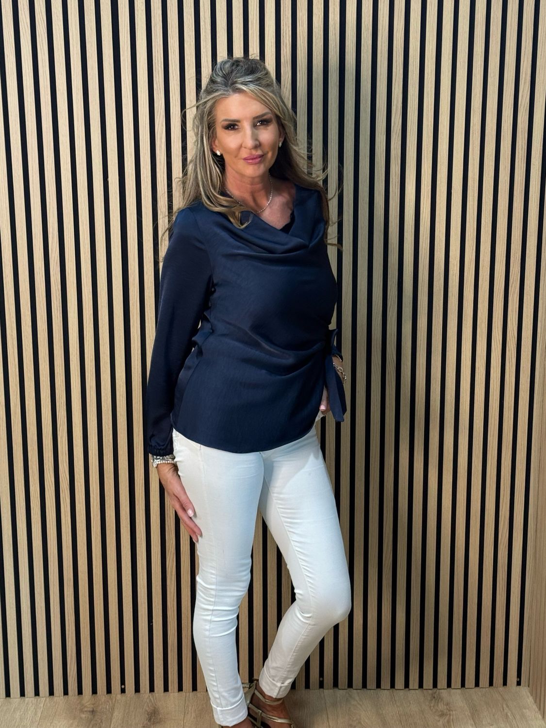 Satin Tie Blouse - Navy