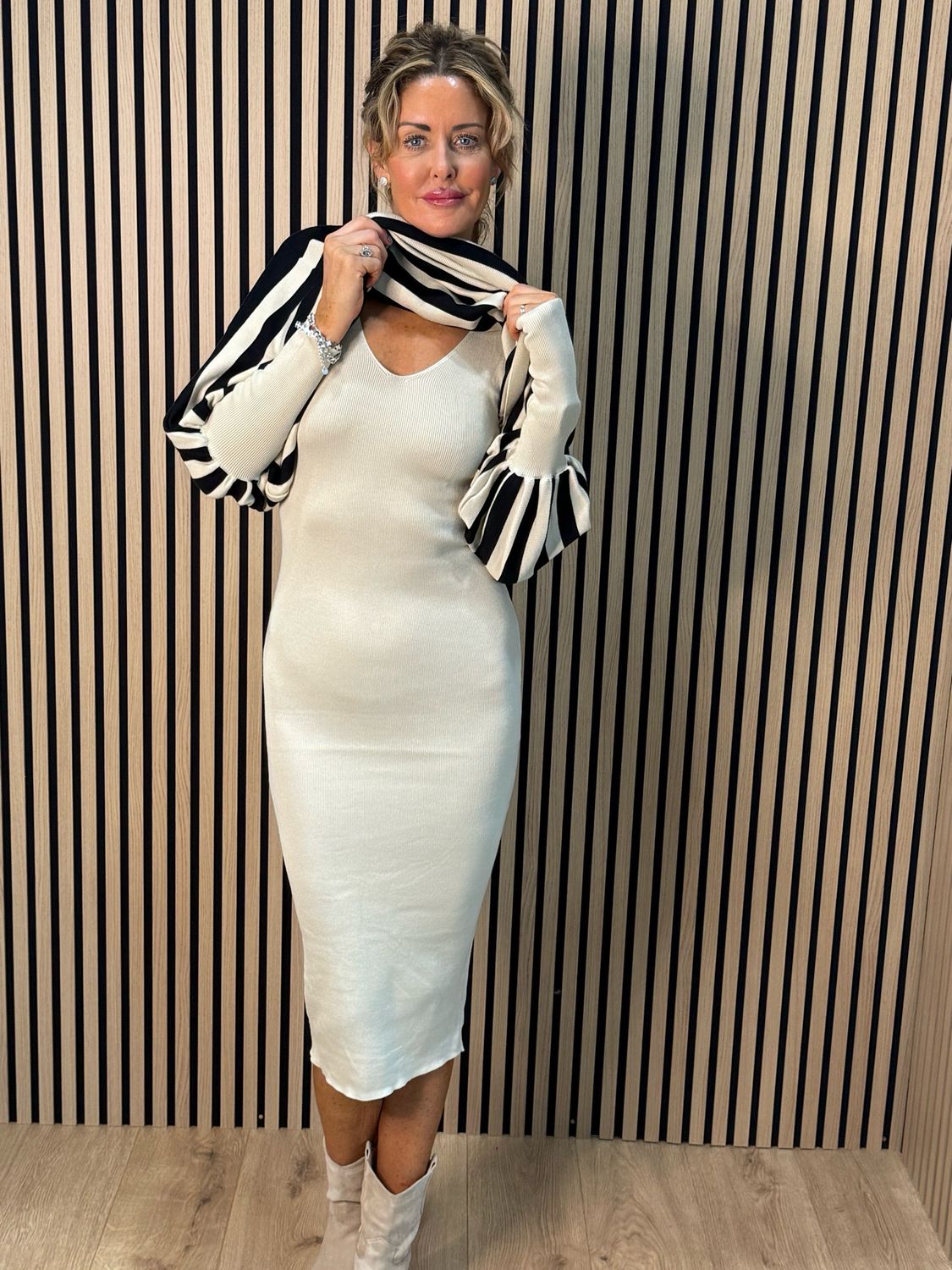 Striped Knit Two Piece Dress Set - Black/Cream