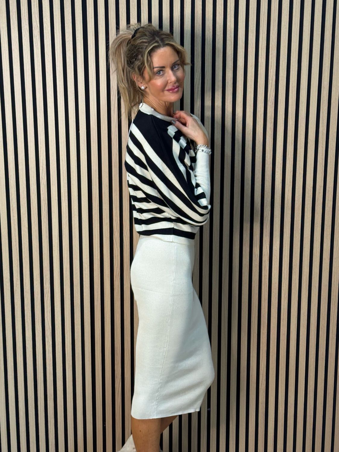 Striped Knit Two Piece Dress Set - Black/Cream