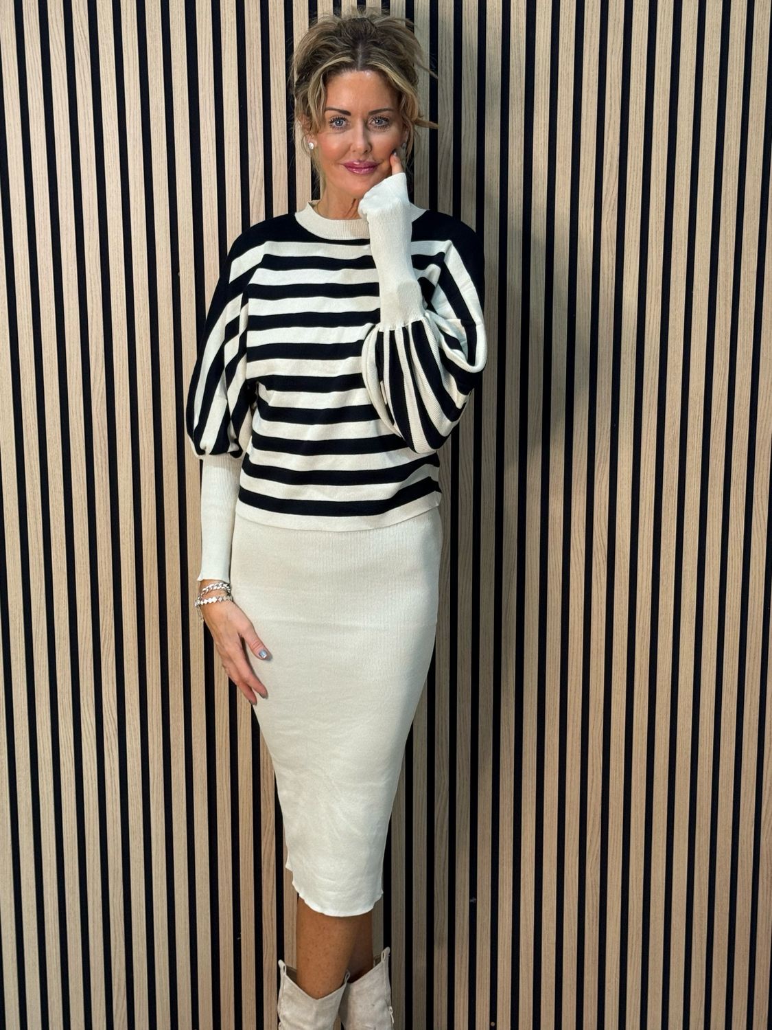 Striped Knit Two Piece Dress Set - Black/Cream