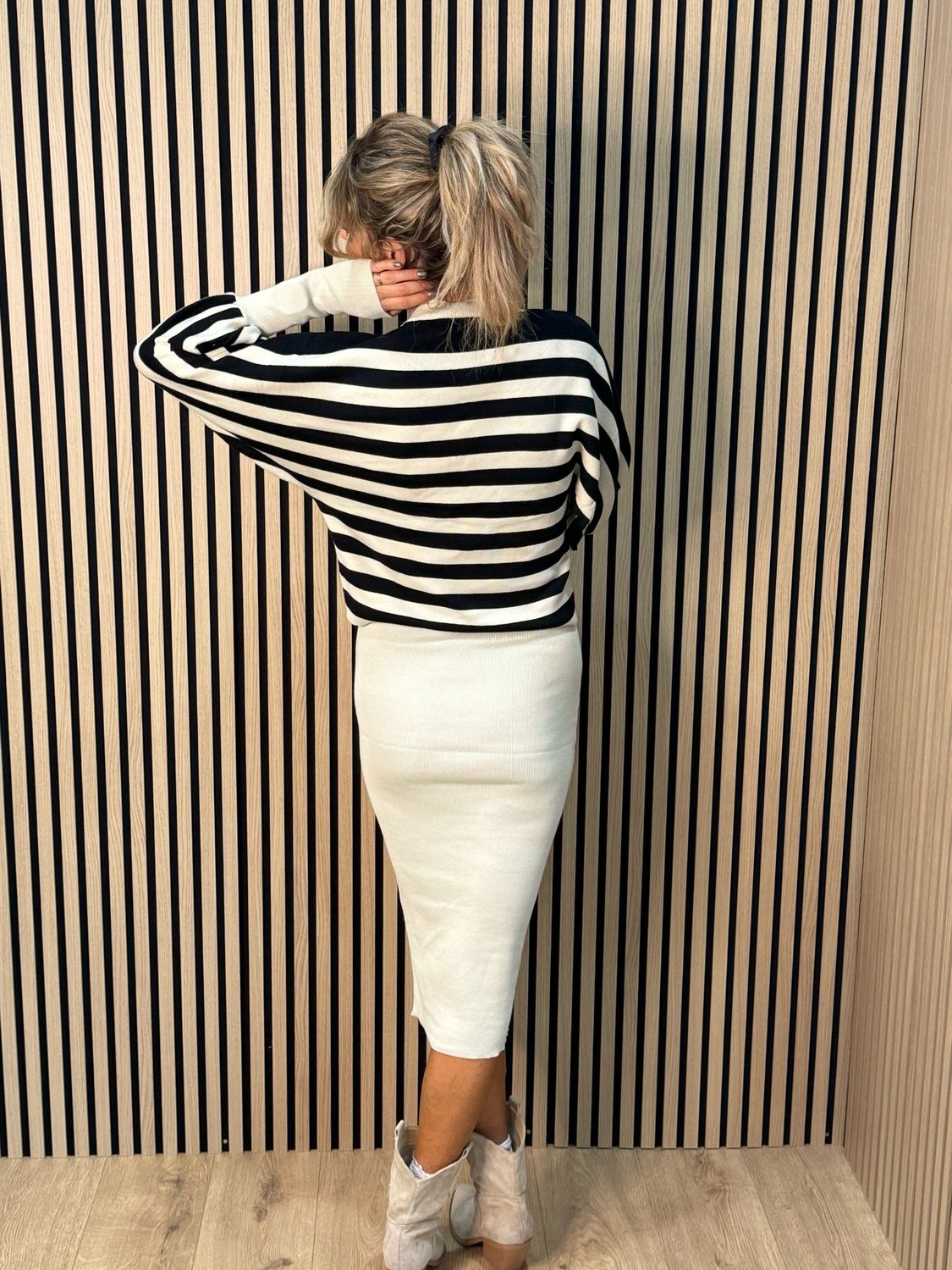 Striped Knit Two Piece Dress Set - Black/Cream