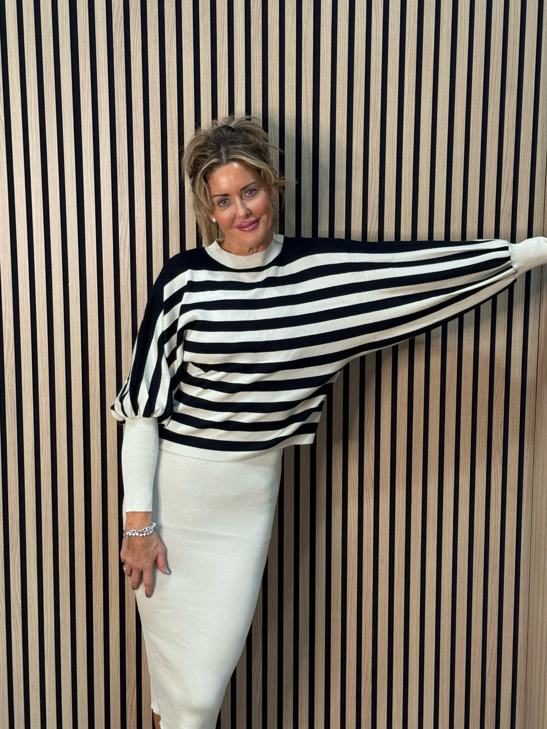 Striped Knit Two Piece Dress Set - Black/Cream