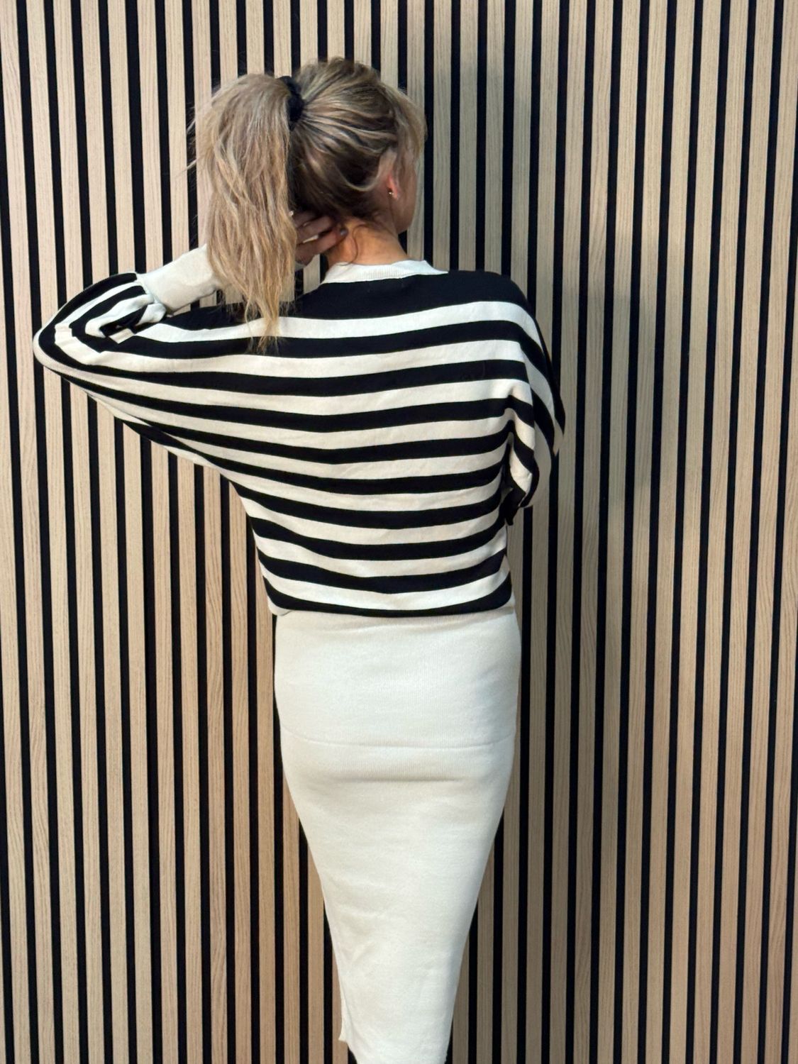 Striped Knit Two Piece Dress Set - Black/Cream