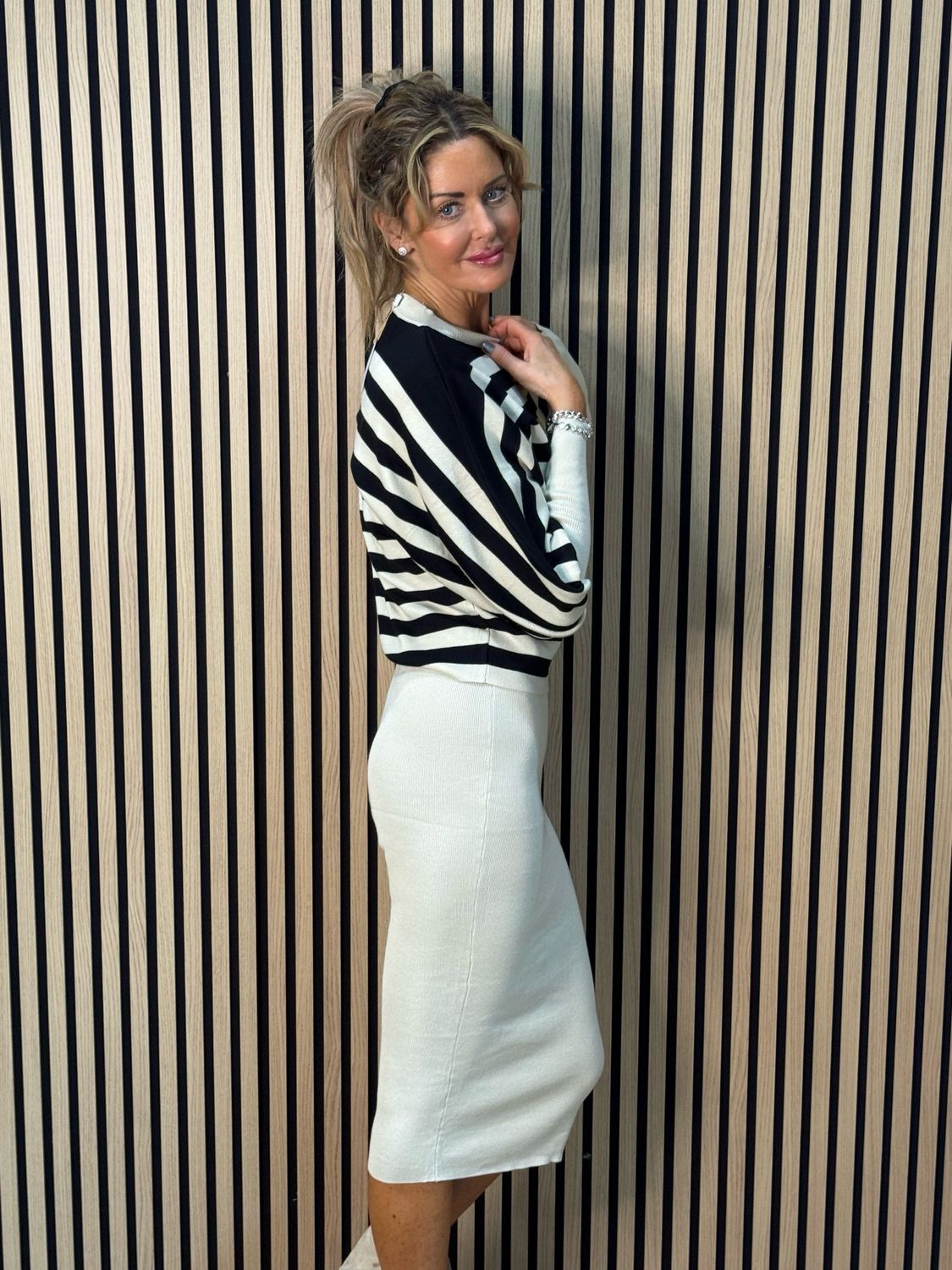 Striped Knit Two Piece Dress Set - Black/Cream