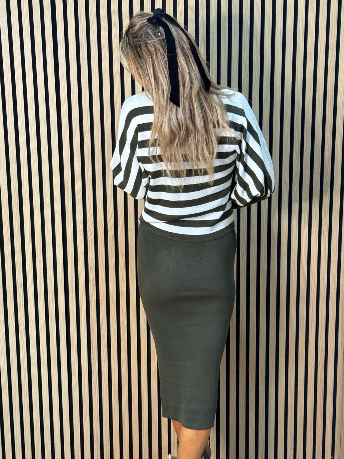 Striped Knit Two Piece Dress Set - Khaki/White