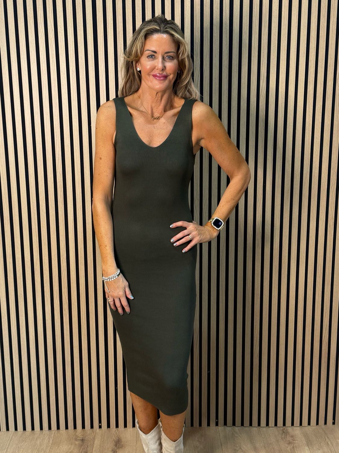 Striped Knit Two Piece Dress Set - Khaki/White