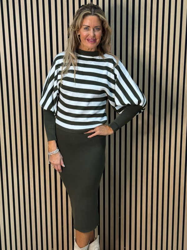 Striped Knit Two Piece Dress Set - Khaki/White