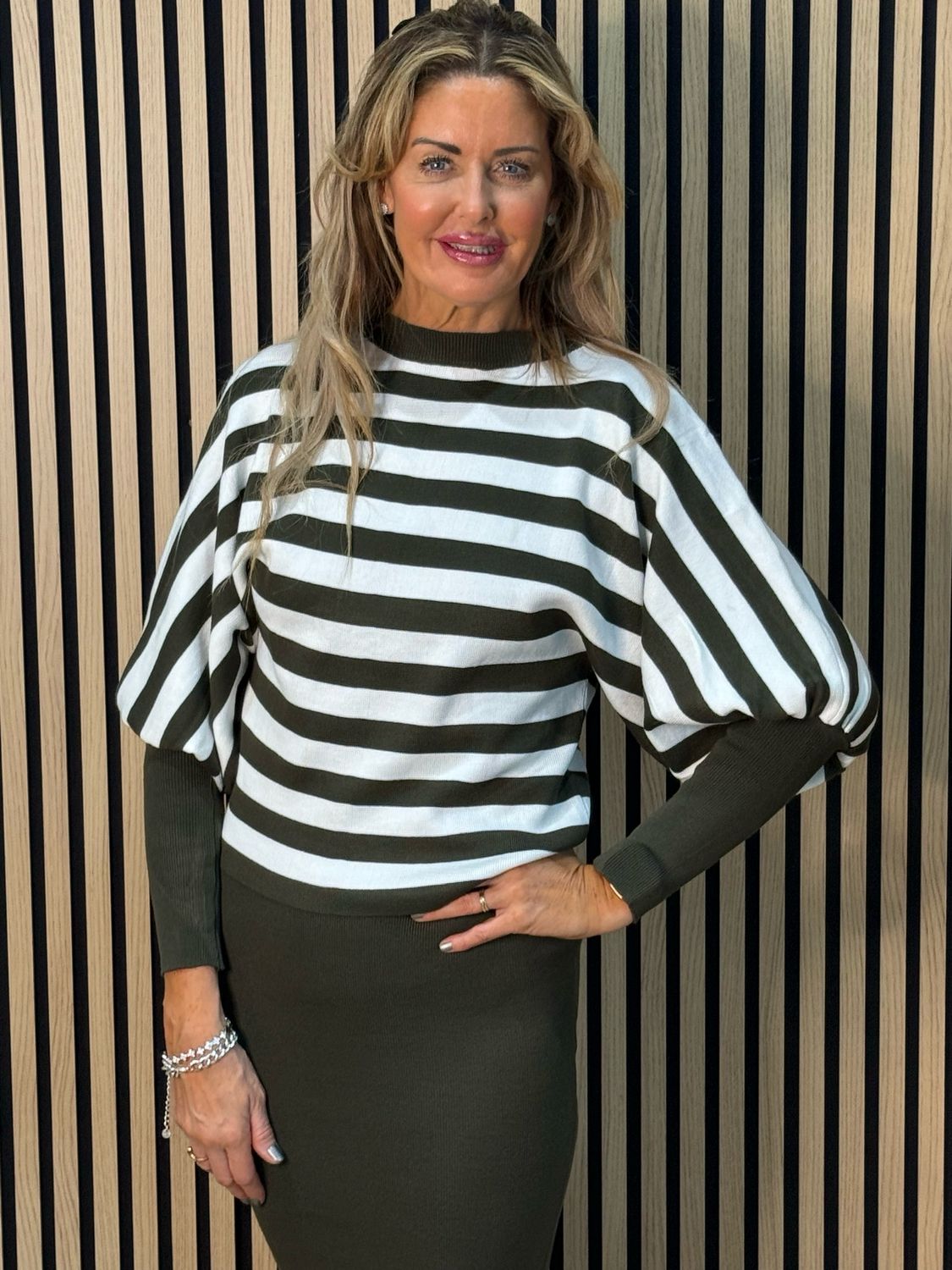 Striped Knit Two Piece Dress Set - Khaki/White