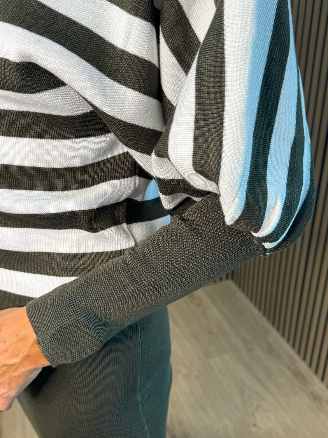 Striped Knit Two Piece Dress Set - Khaki/White