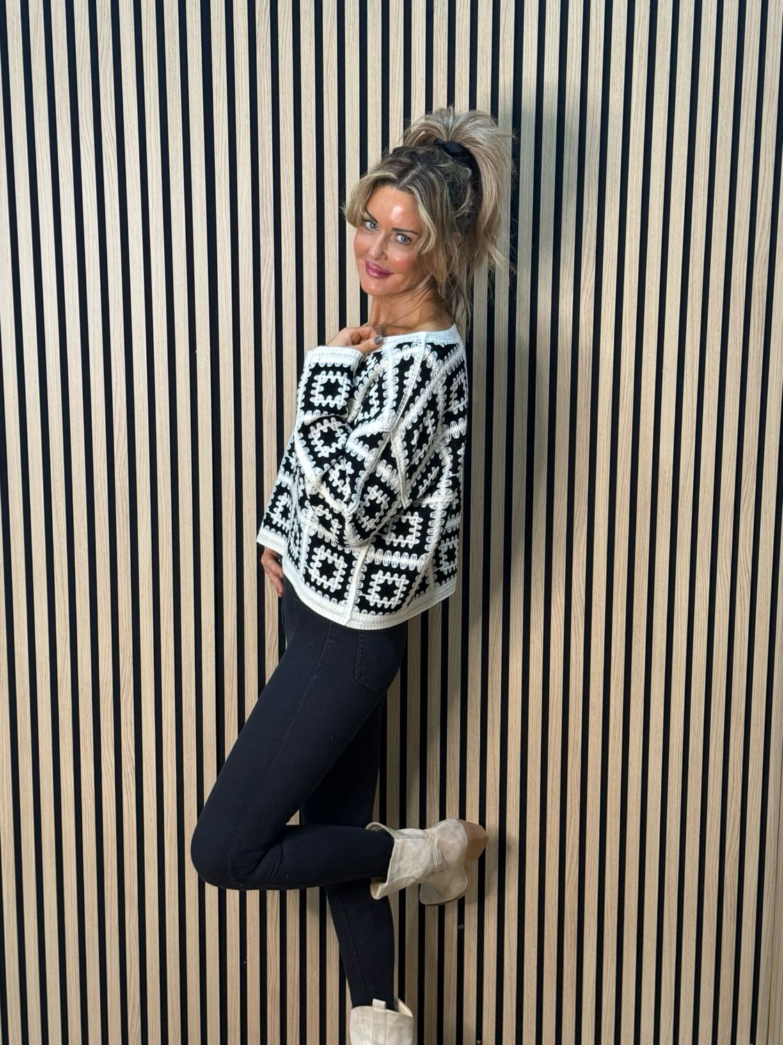 Crochet Tile Cotton Jumper - Black/Cream