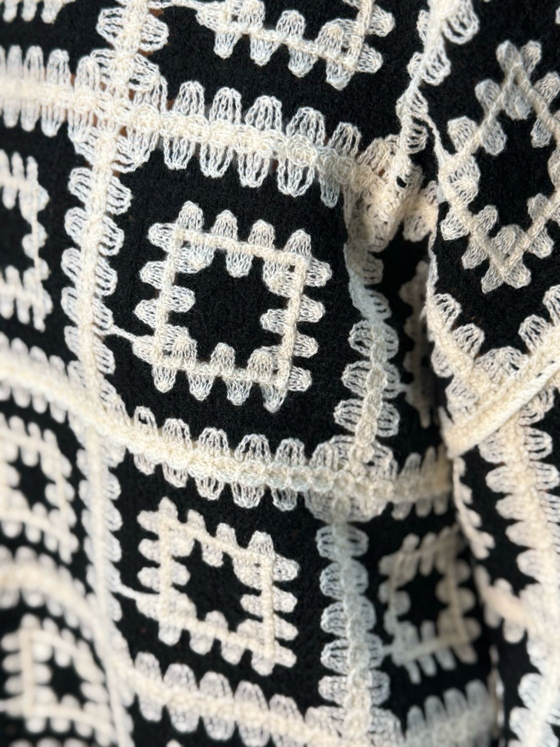 Crochet Tile Cotton Jumper - Black/Cream