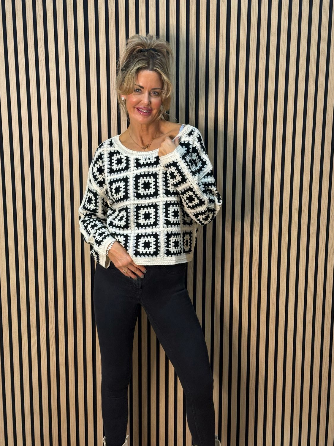 Crochet Tile Cotton Jumper - Black/Cream