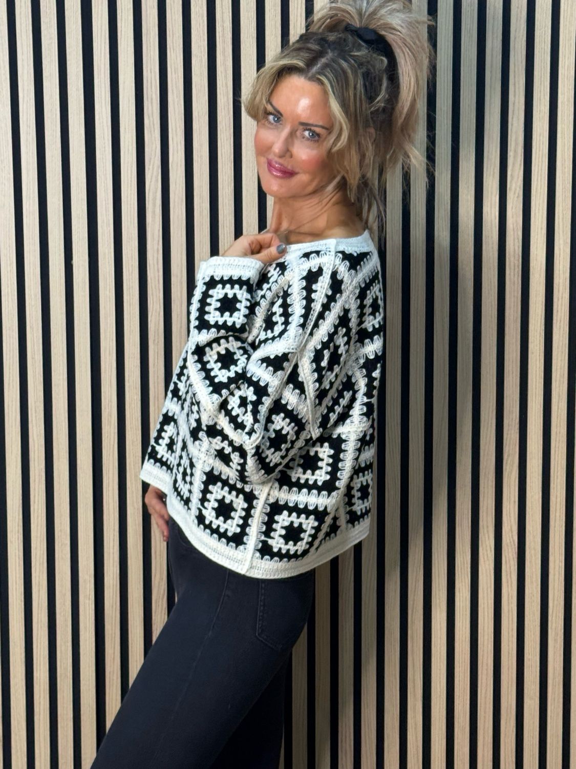 Crochet Tile Cotton Jumper - Black/Cream