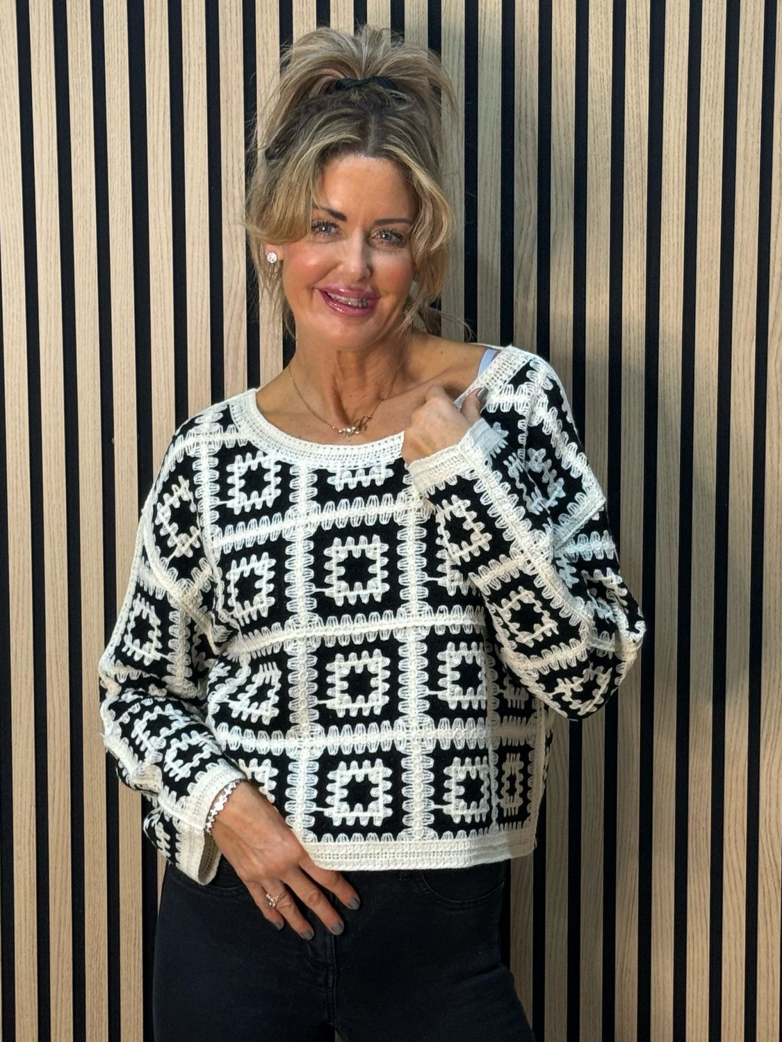 Crochet Tile Cotton Jumper - Black/Cream