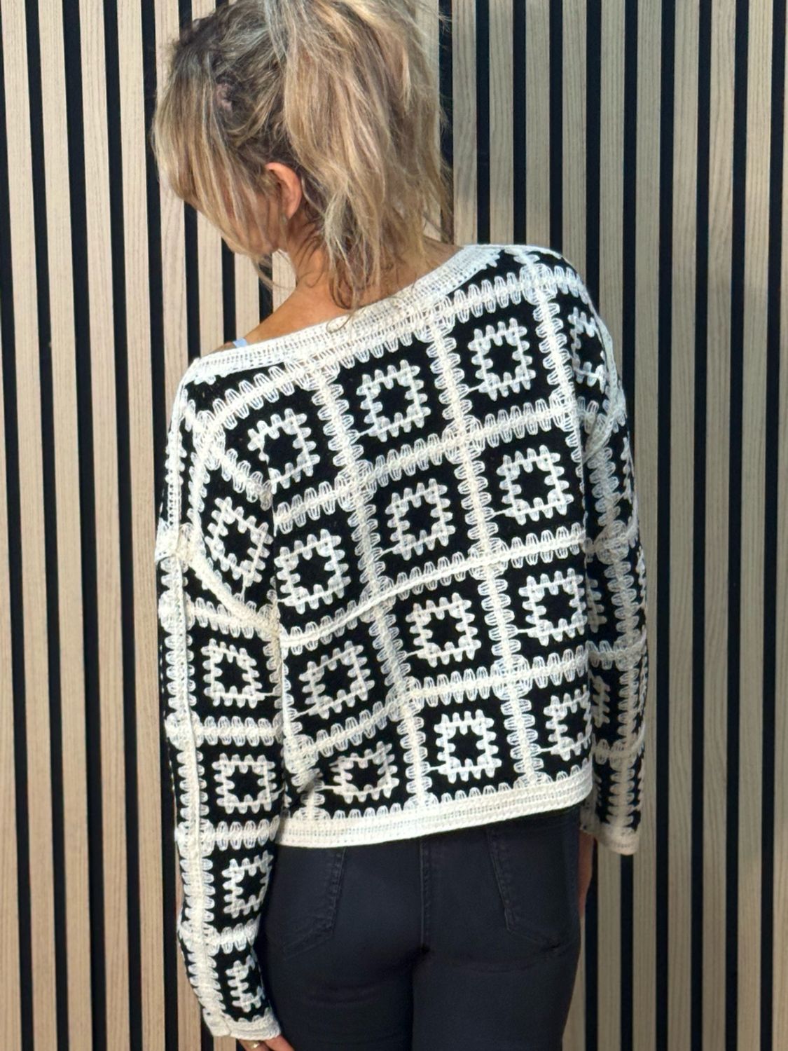 Crochet Tile Cotton Jumper - Black/Cream