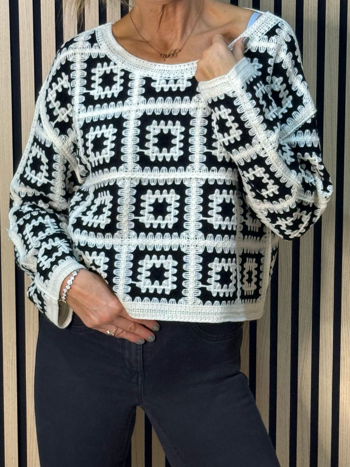 Crochet Tile Cotton Jumper - Black/Cream
