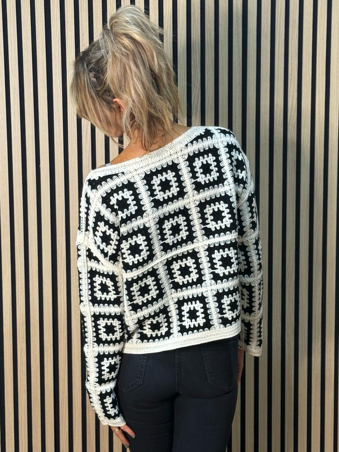 Crochet Tile Cotton Jumper - Black/Cream