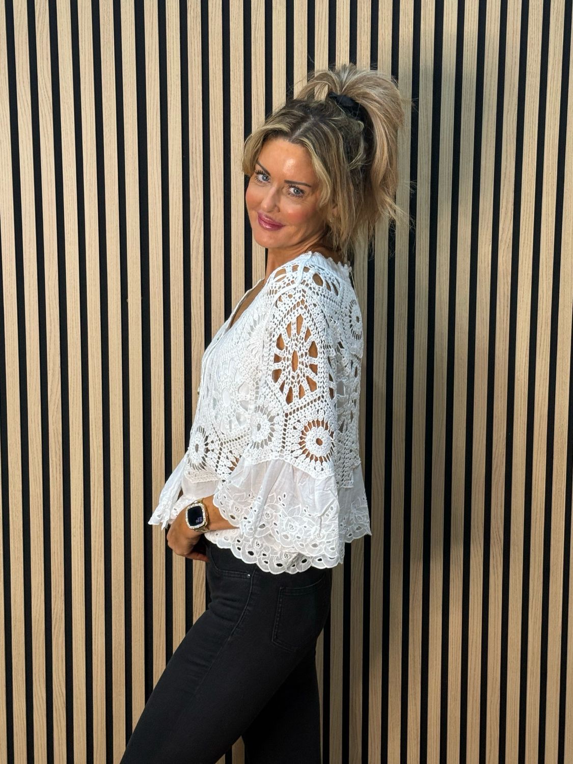 Crochet Lace Button Top - White