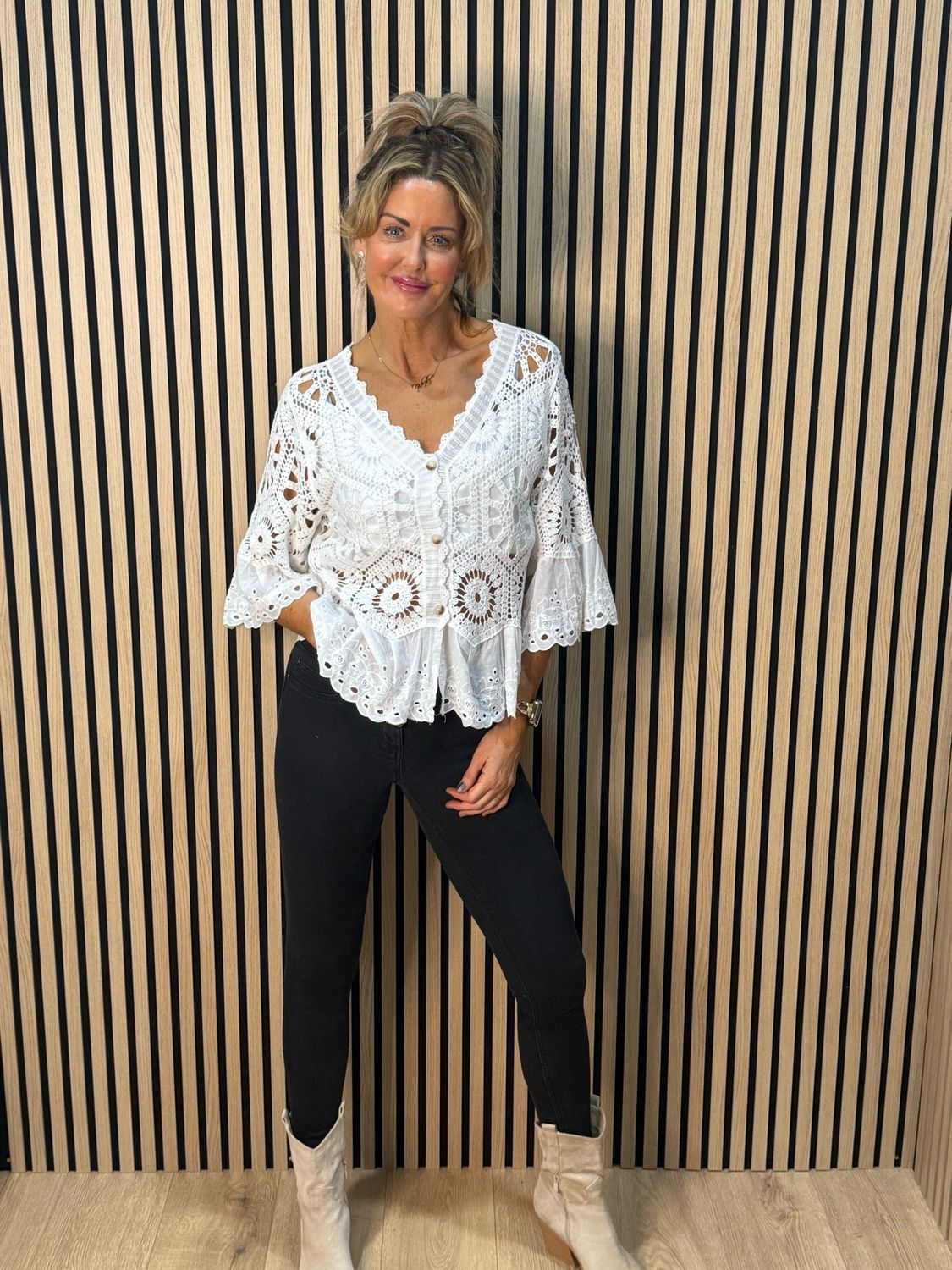 Crochet Lace Button Top - White