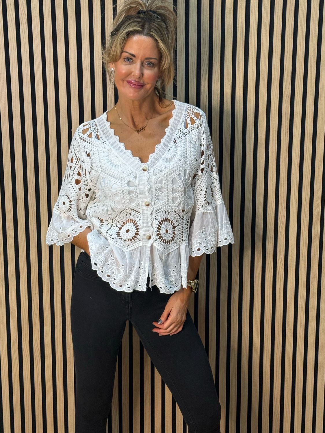 Crochet Lace Button Top - White