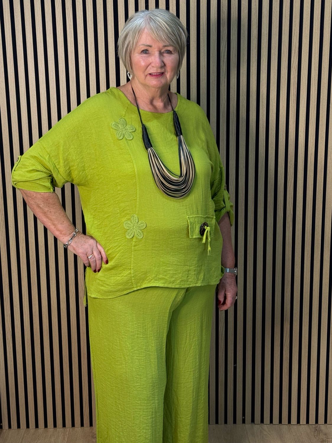 Floral Detail Trouser Suit Set - Lime