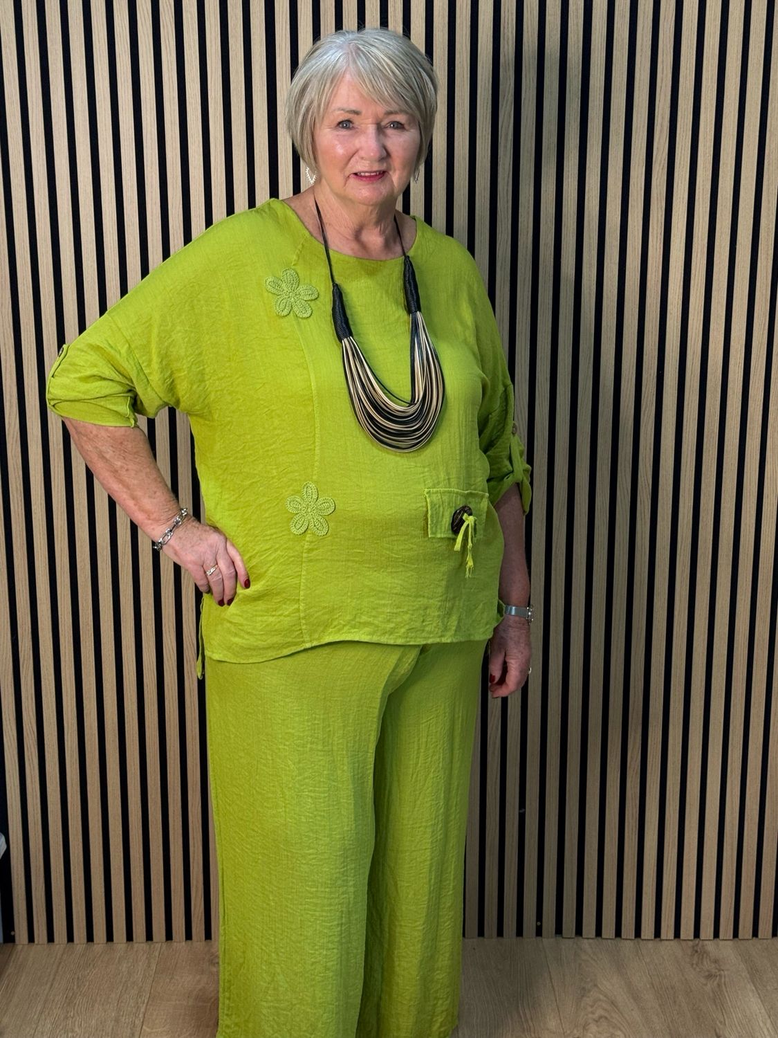 Floral Detail Trouser Suit Set - Lime