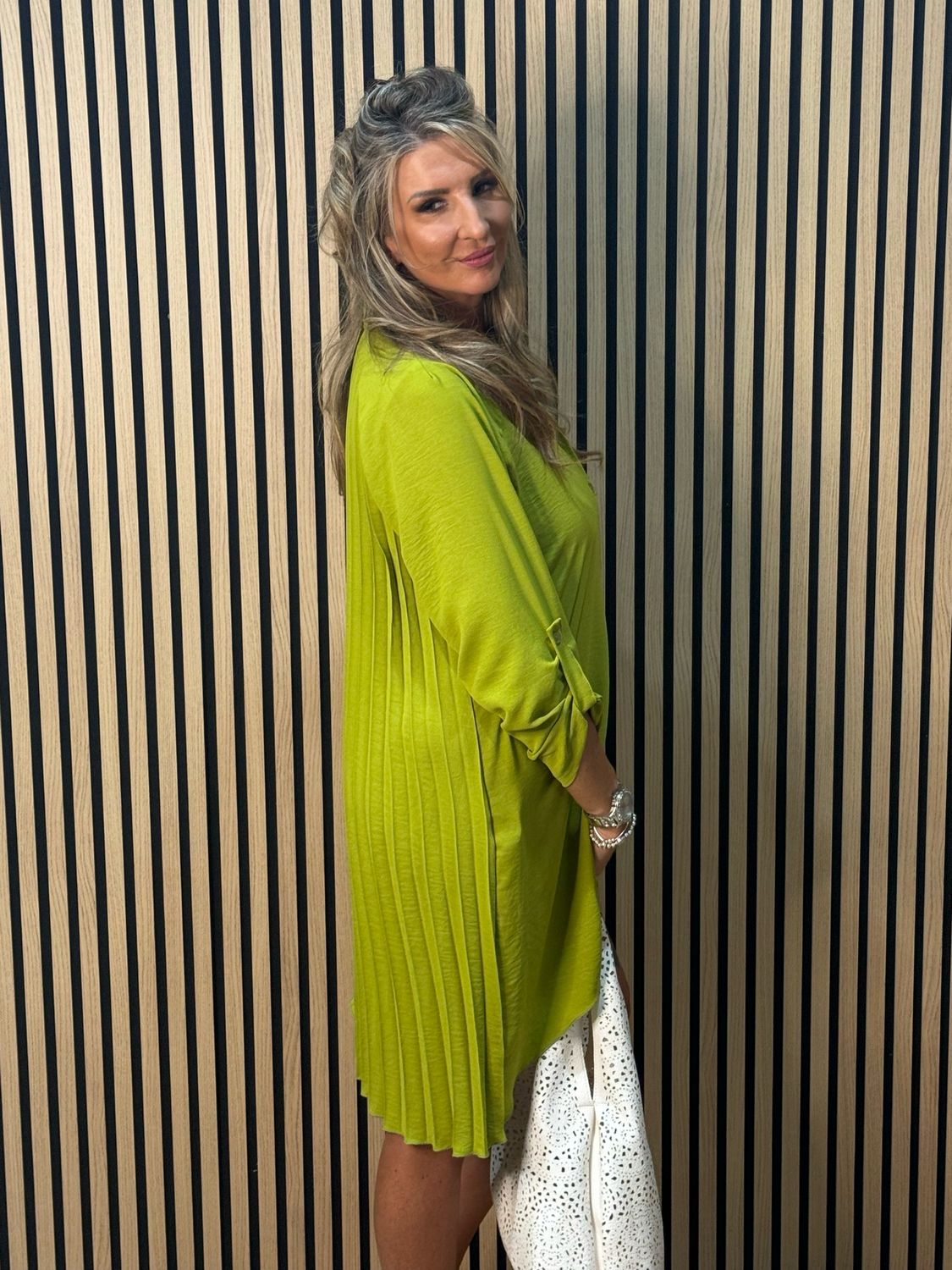 Pleated Back Shirt Dress - Lime
