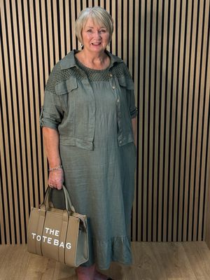 Linen Crochet Detail Skirt &amp; Top Set - Khaki