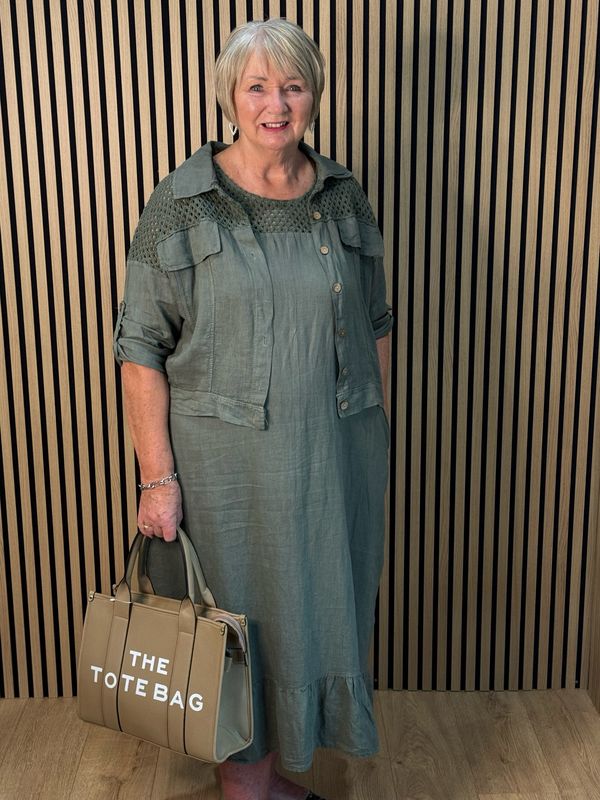 Linen Crochet Detail Skirt &amp; Top Set - Khaki