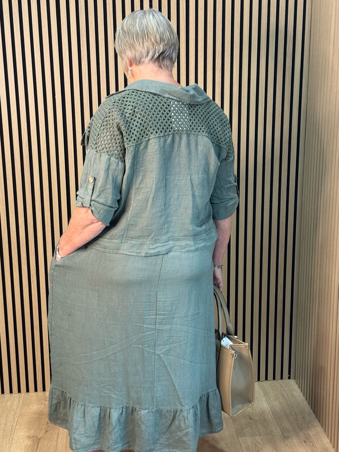 Linen Crochet Detail Skirt &amp; Top Set - Khaki