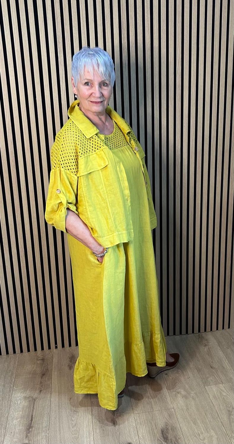 Linen Crochet Detail Skirt &amp; Top Set - Mustard