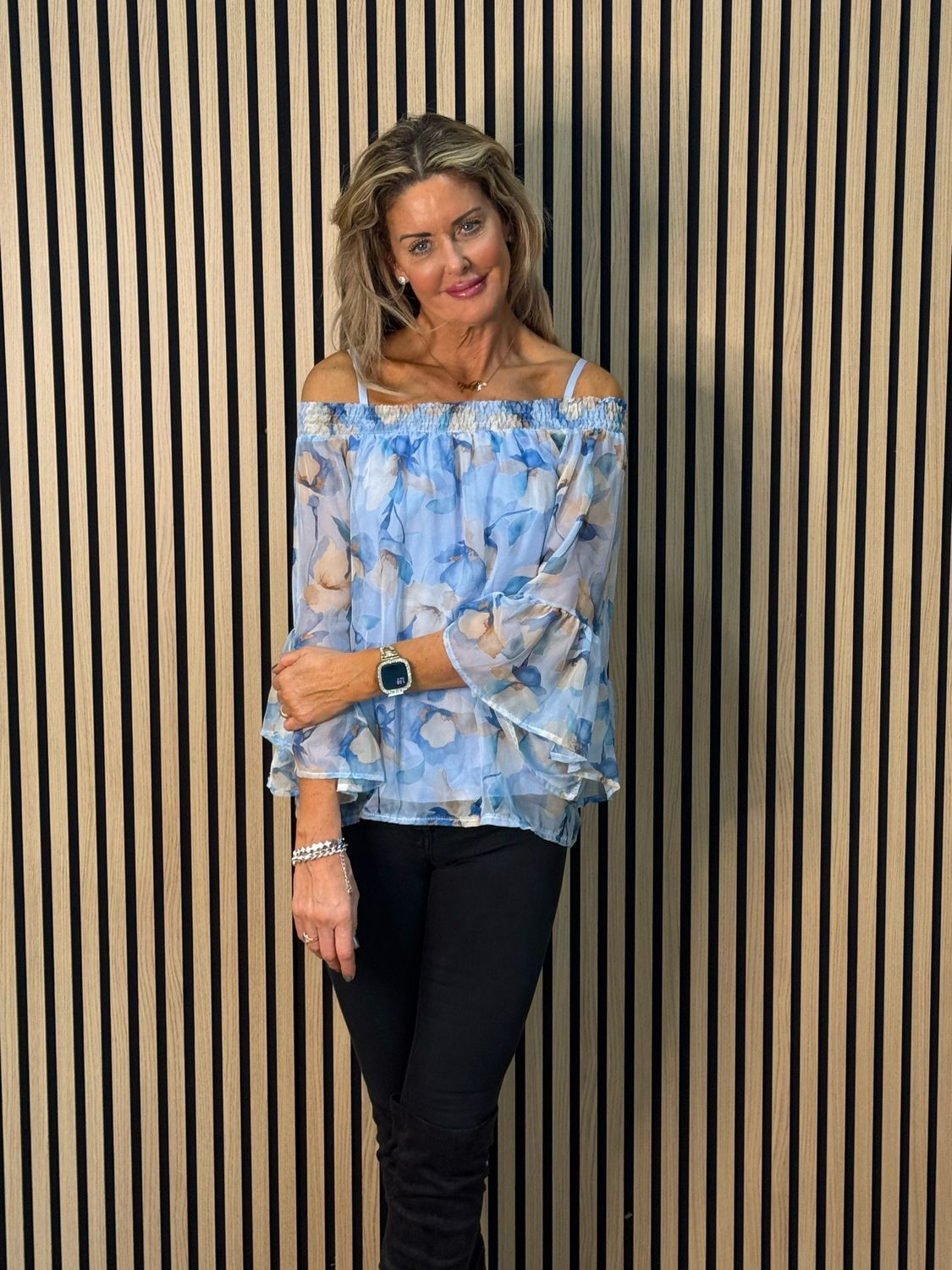 Blue Blossom Bardot Top - Blue