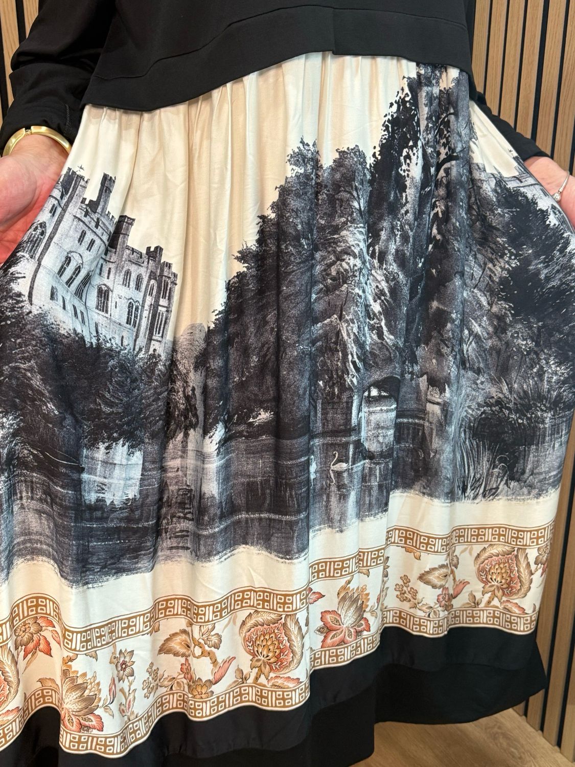 Scenic Print Midi Dress - Black