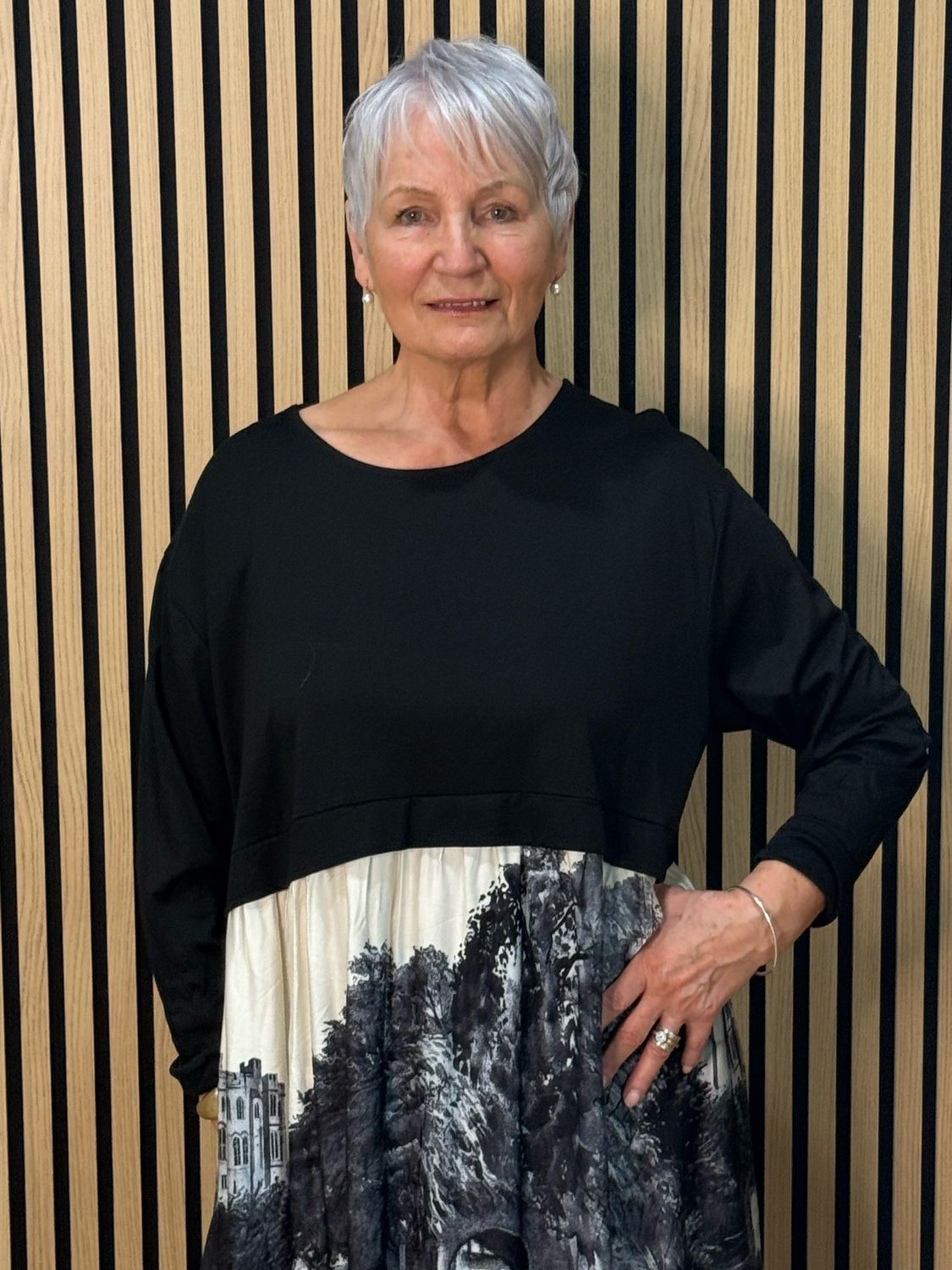 Scenic Print Midi Dress - Black