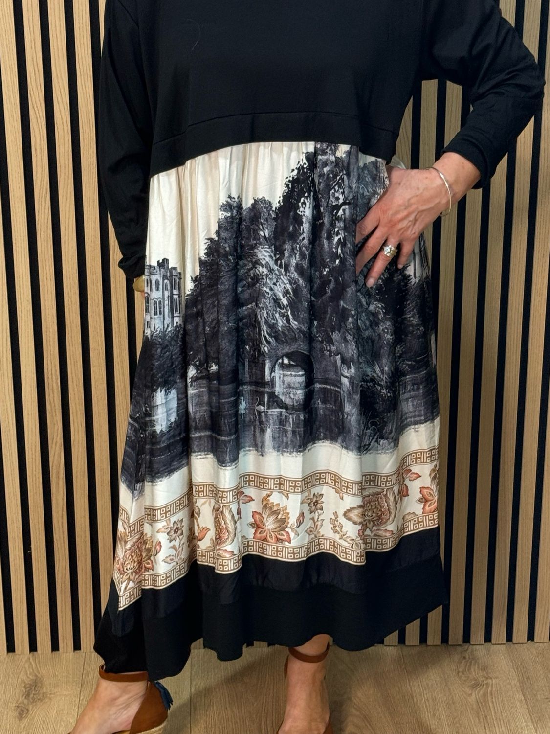 Scenic Print Midi Dress - Black