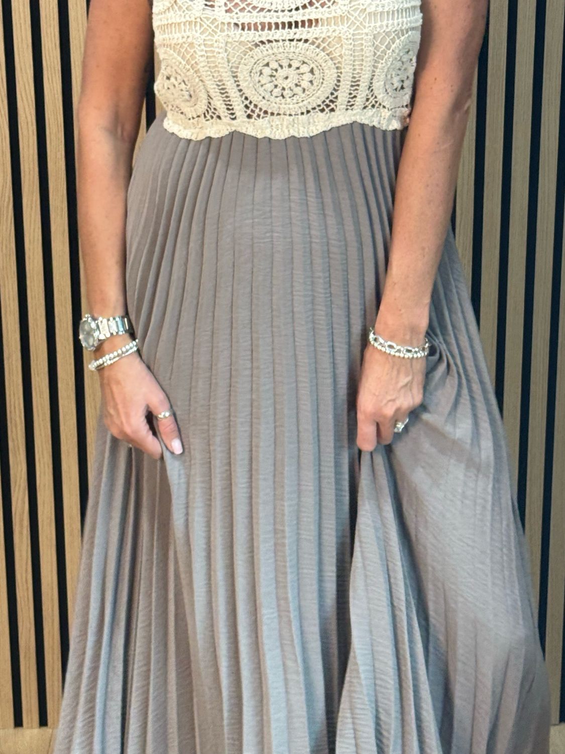 Crochet Bodice Pleated Midi Dress - Taupe