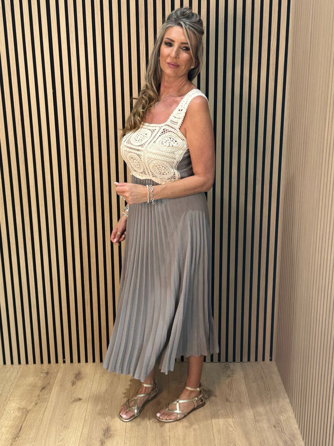 Crochet Bodice Pleated Midi Dress - Taupe