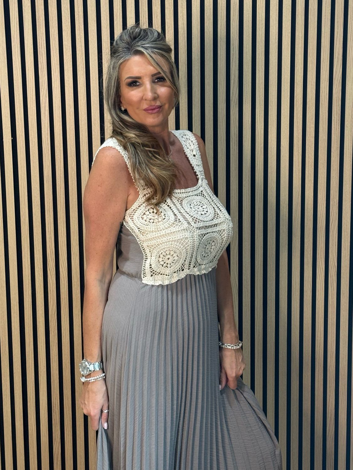 Crochet Bodice Pleated Midi Dress - Taupe