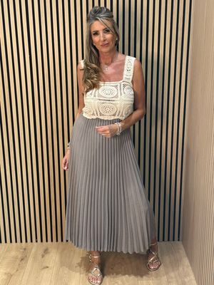 Crochet Bodice Pleated Midi Dress - Taupe