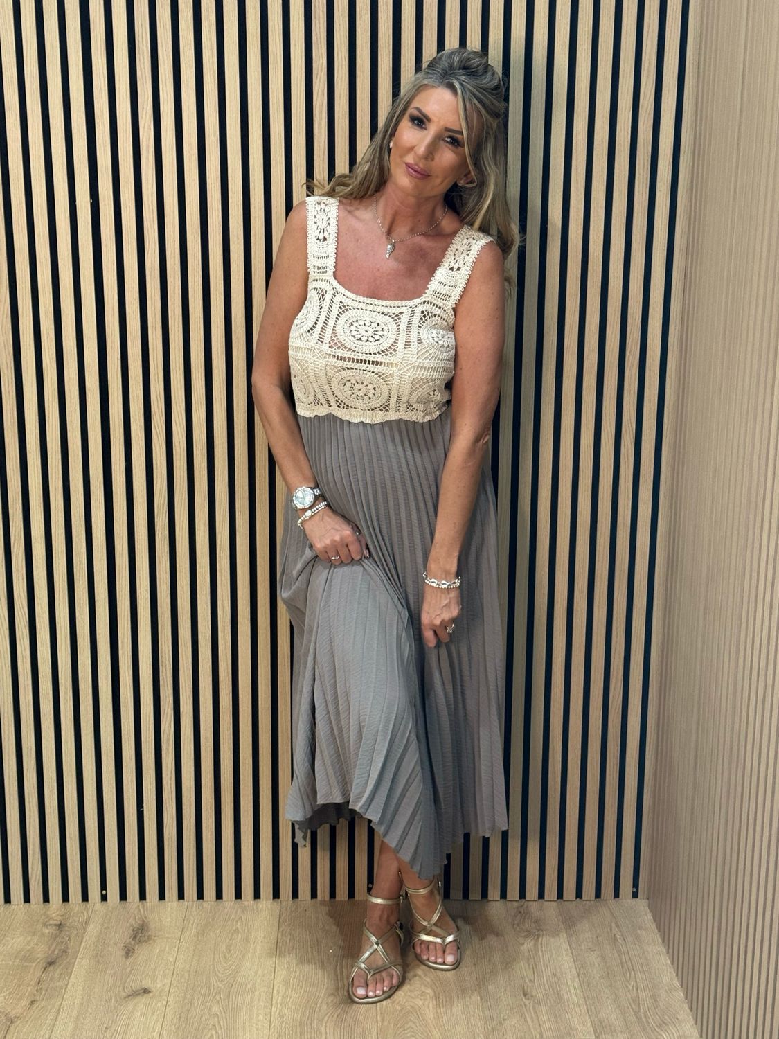 Crochet Bodice Pleated Midi Dress - Taupe