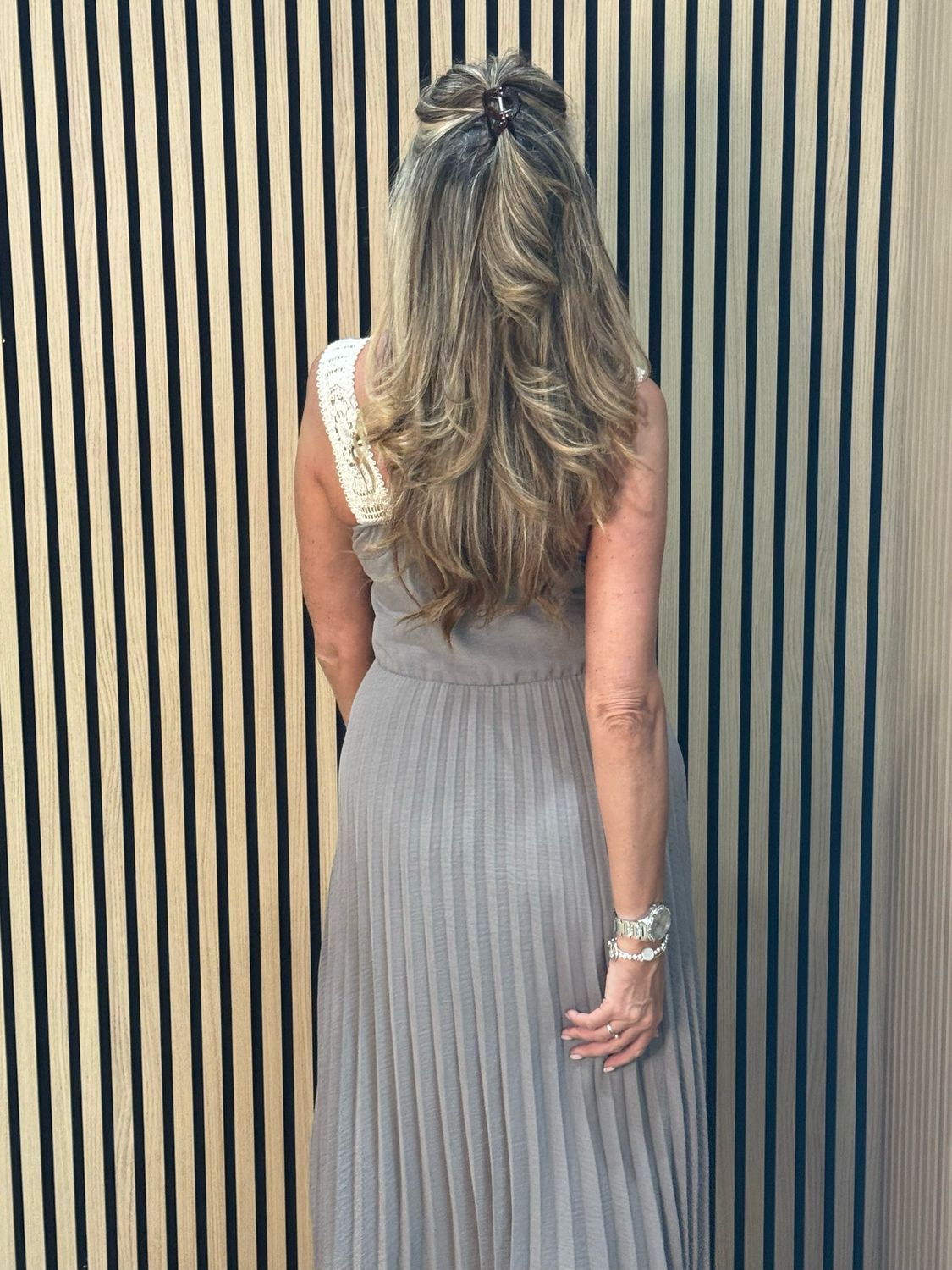 Crochet Bodice Pleated Midi Dress - Taupe