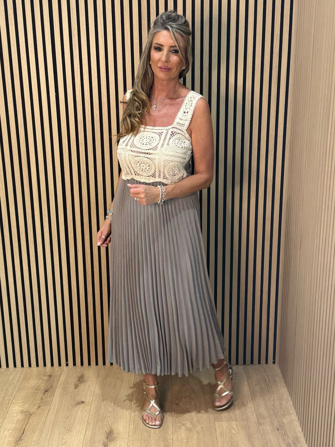 Crochet Bodice Pleated Midi Dress - Taupe