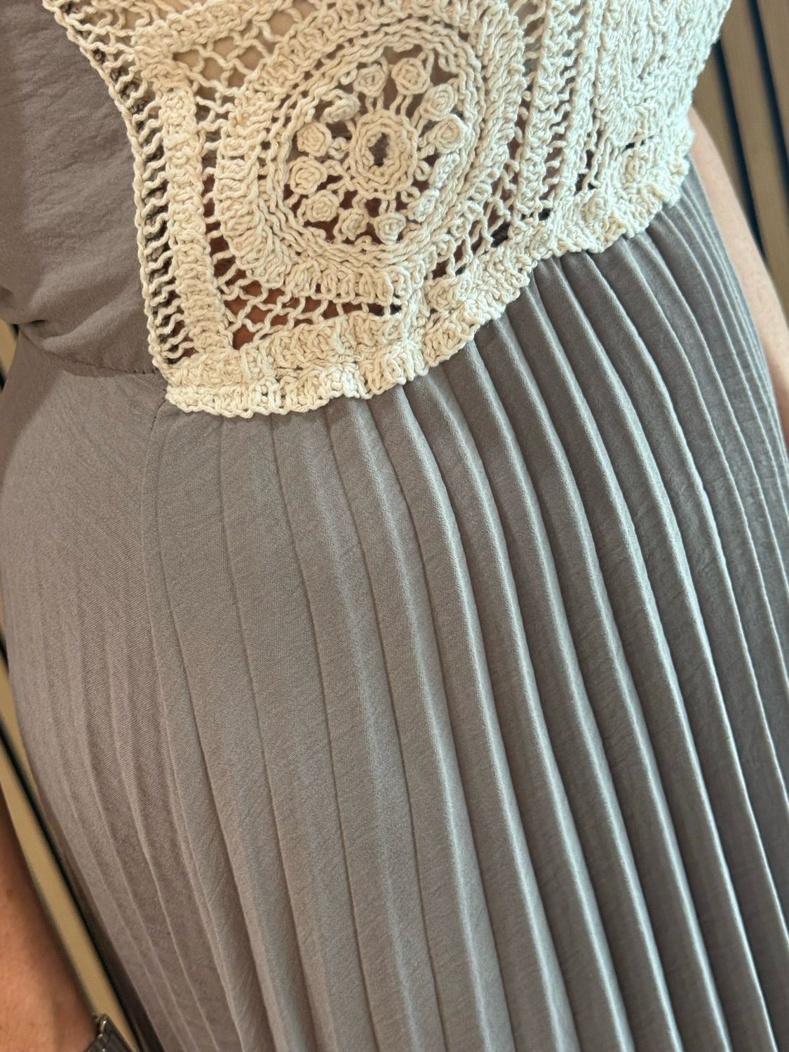 Crochet Bodice Pleated Midi Dress - Taupe