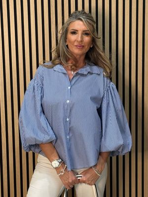 Stripe Balloon Sleeve Shirt - Blue