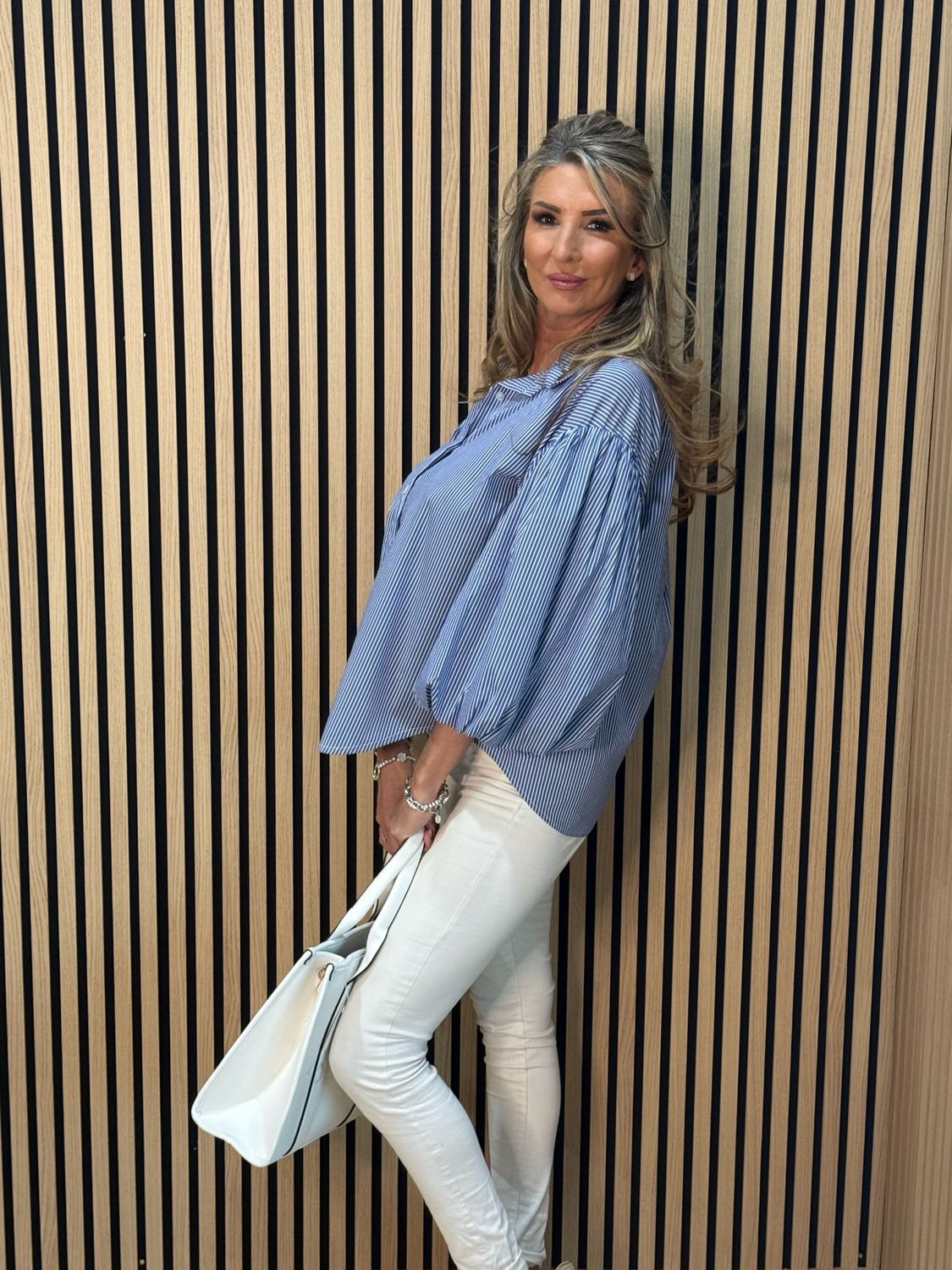 Stripe Balloon Sleeve Shirt - Blue