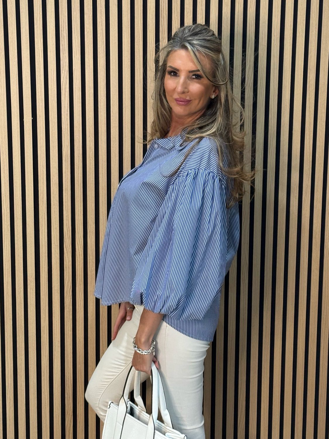 Stripe Balloon Sleeve Shirt - Blue