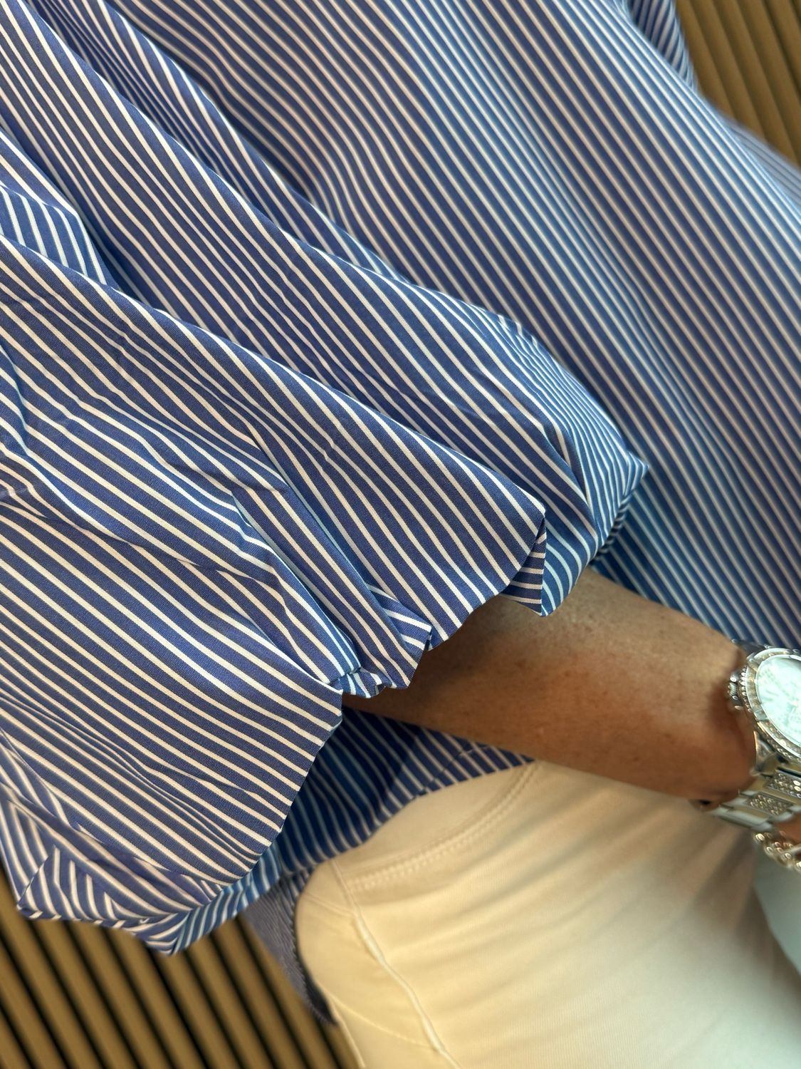 Stripe Balloon Sleeve Shirt - Blue