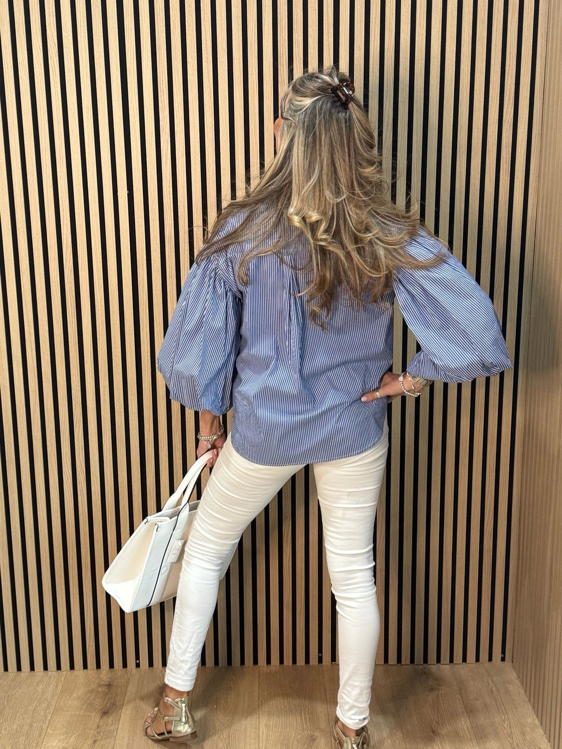 Stripe Balloon Sleeve Shirt - Blue