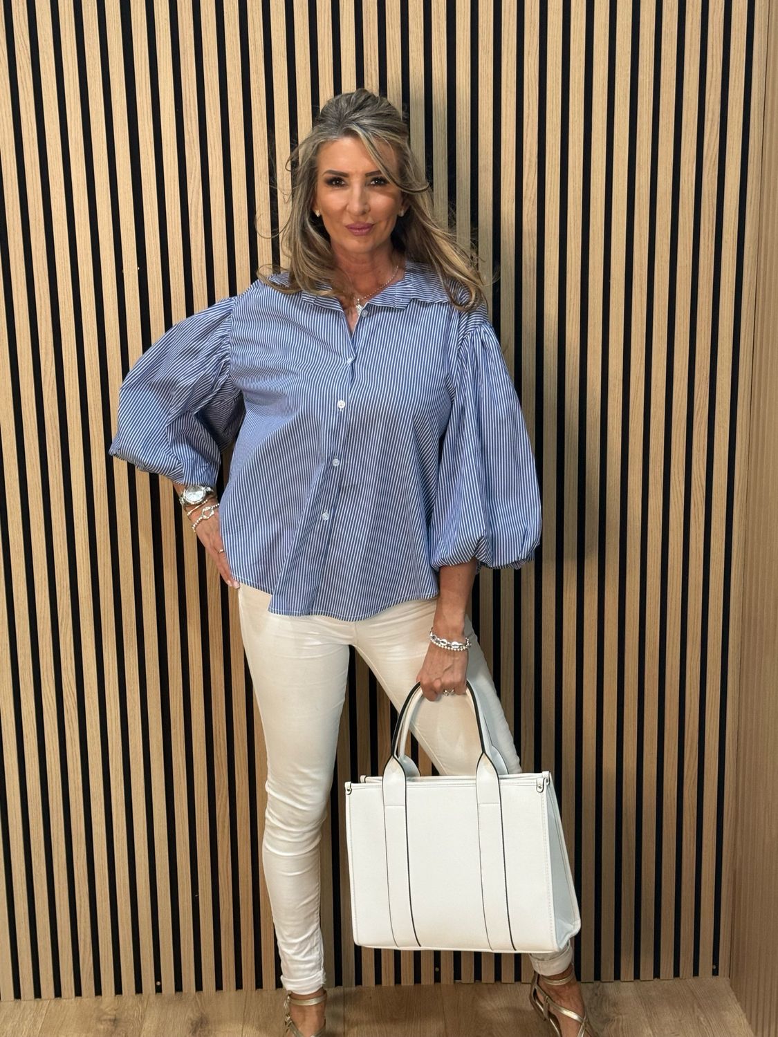 Stripe Balloon Sleeve Shirt - Blue