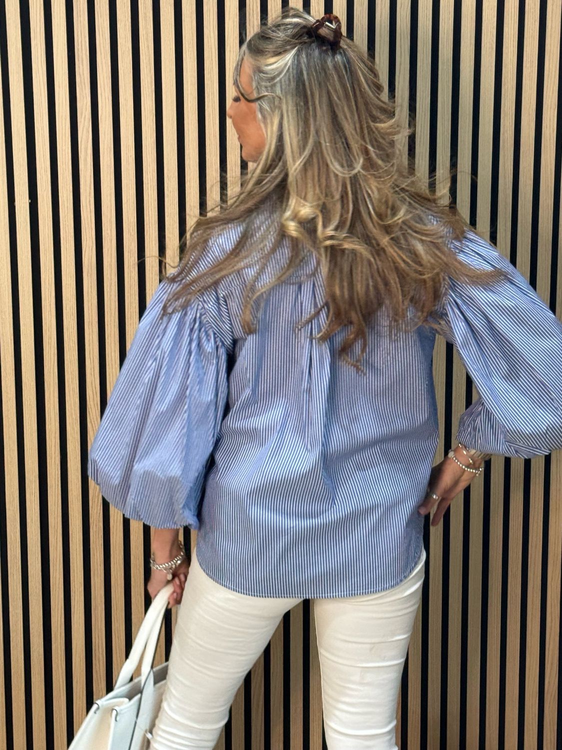 Stripe Balloon Sleeve Shirt - Blue